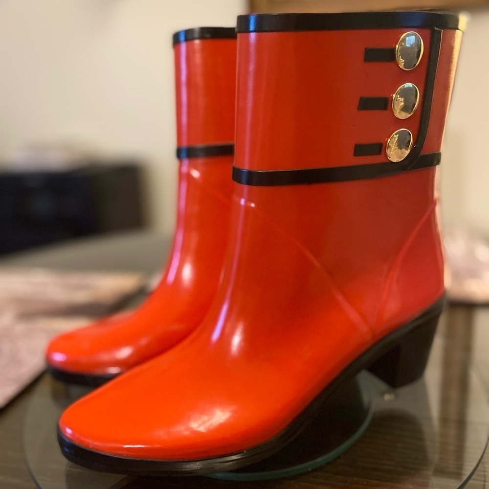Kate Spade Red and Gold Winter Rain Boots with Glossy Finish